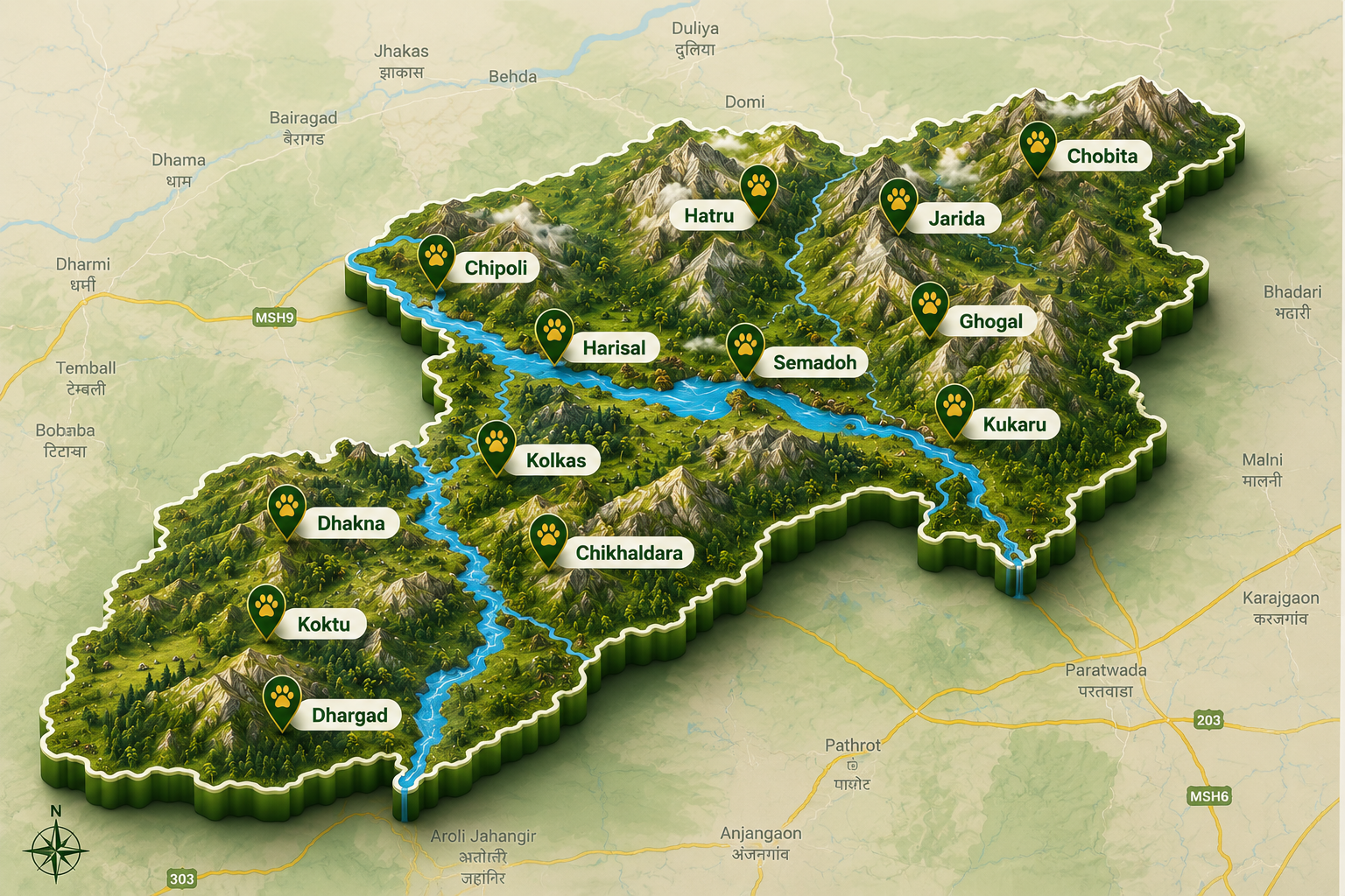 Illustrated map of Melghat showing safari destinations
